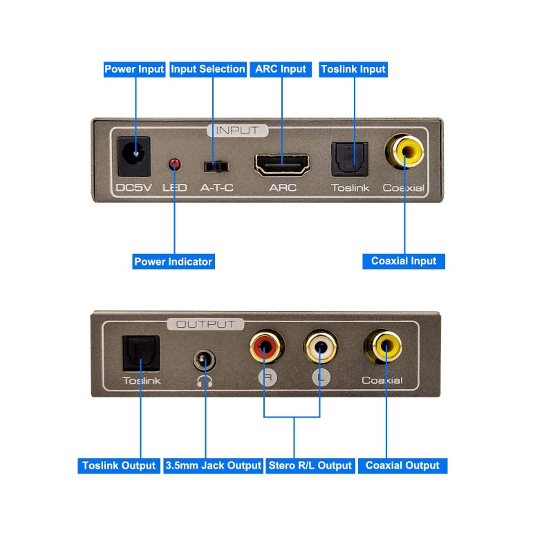 Tohilkel محول صوت متعدد الوظائف بتردد 192 كيلوهرتز، توهيلكل HDMI ARC أو توصلينك (بصري، SPDIF) أو coaxial إلى جاك ستيريو 3.5 مم R/L توصلينك (بصري، SPDIF) coaxial، يدعم مخرجات متعددة في نفس الوقت - Image 2